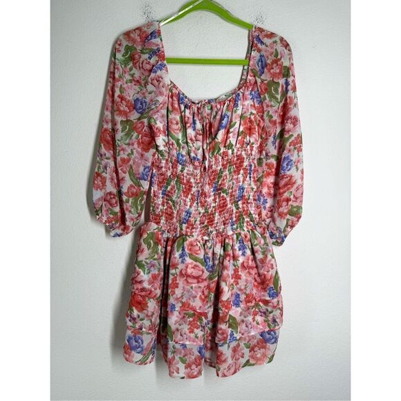 Forever 21 Bohemian Pink Floral Off Shoulder Smocked Mini Ruffle Dress Sz L - Picture 3 of 10
